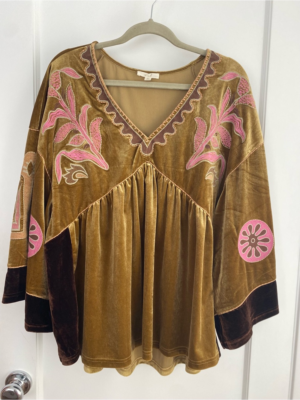 Velvet Embroidered V-Neck Women’s Top in Mustard and Pink